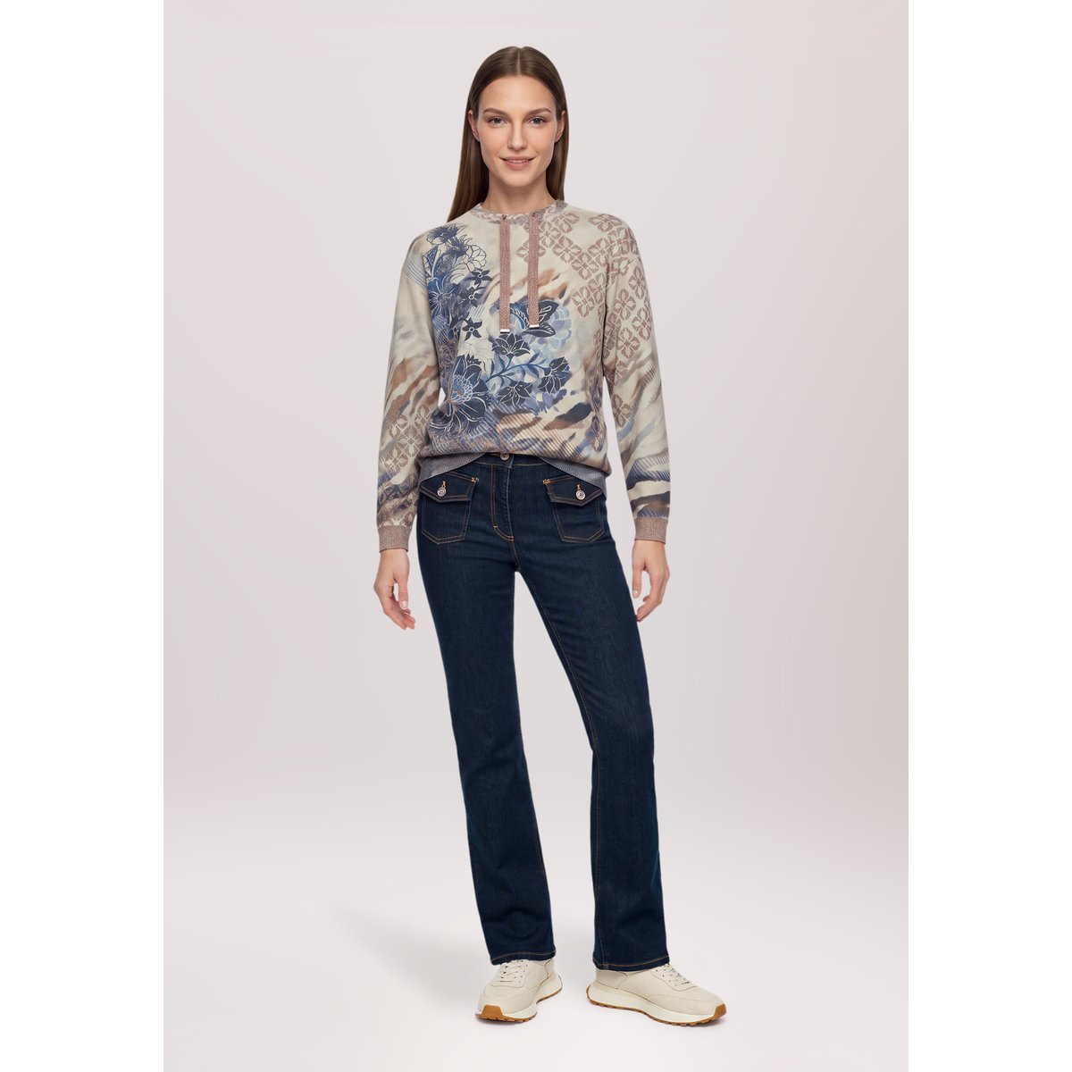 Pull-over en fine maille à fils de fil textile beige/bleu, BETTY BARCLAY