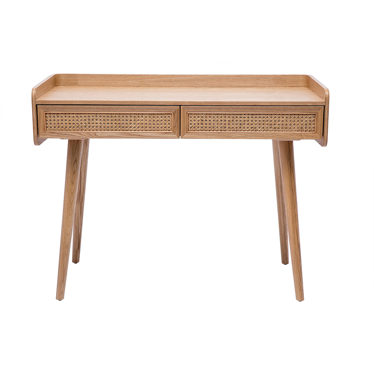 Bureau design avec rangements 2 tiroirs bois clair et cannage rotin L105 cm ELSY chêne clair, MILIBOO