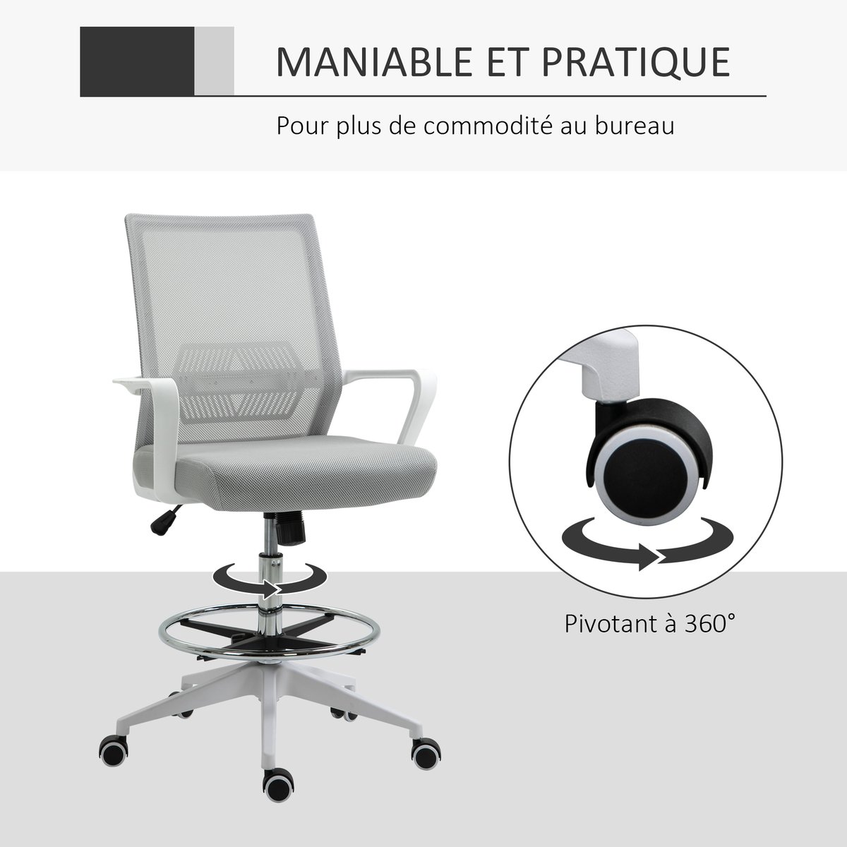 Chaise de bureau pour poste de travail debout gris et blanc, HOMCOM