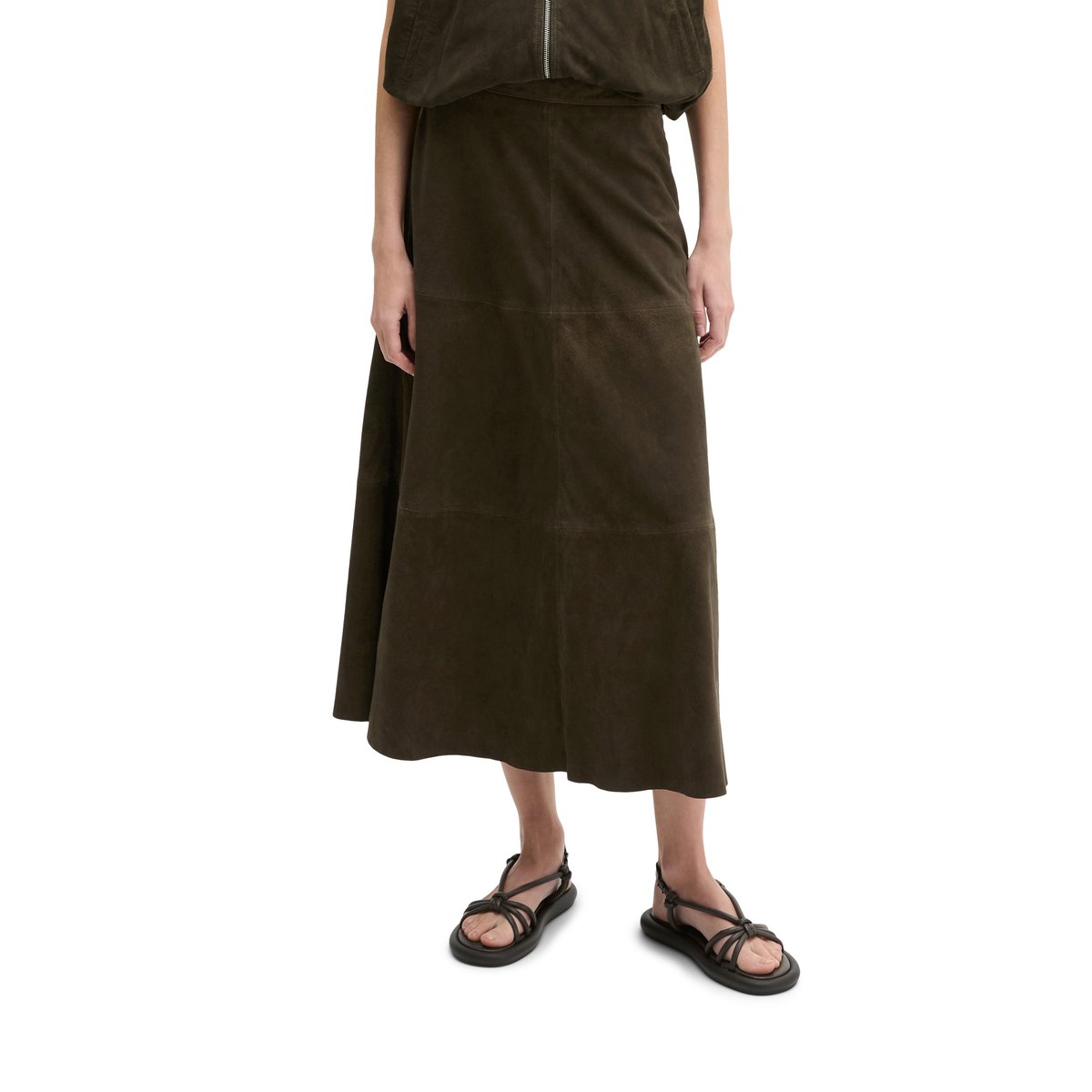 Jupe en cuir A-Shape en cuir de chèvre velours doux marron foncé, MARC O'POLO
