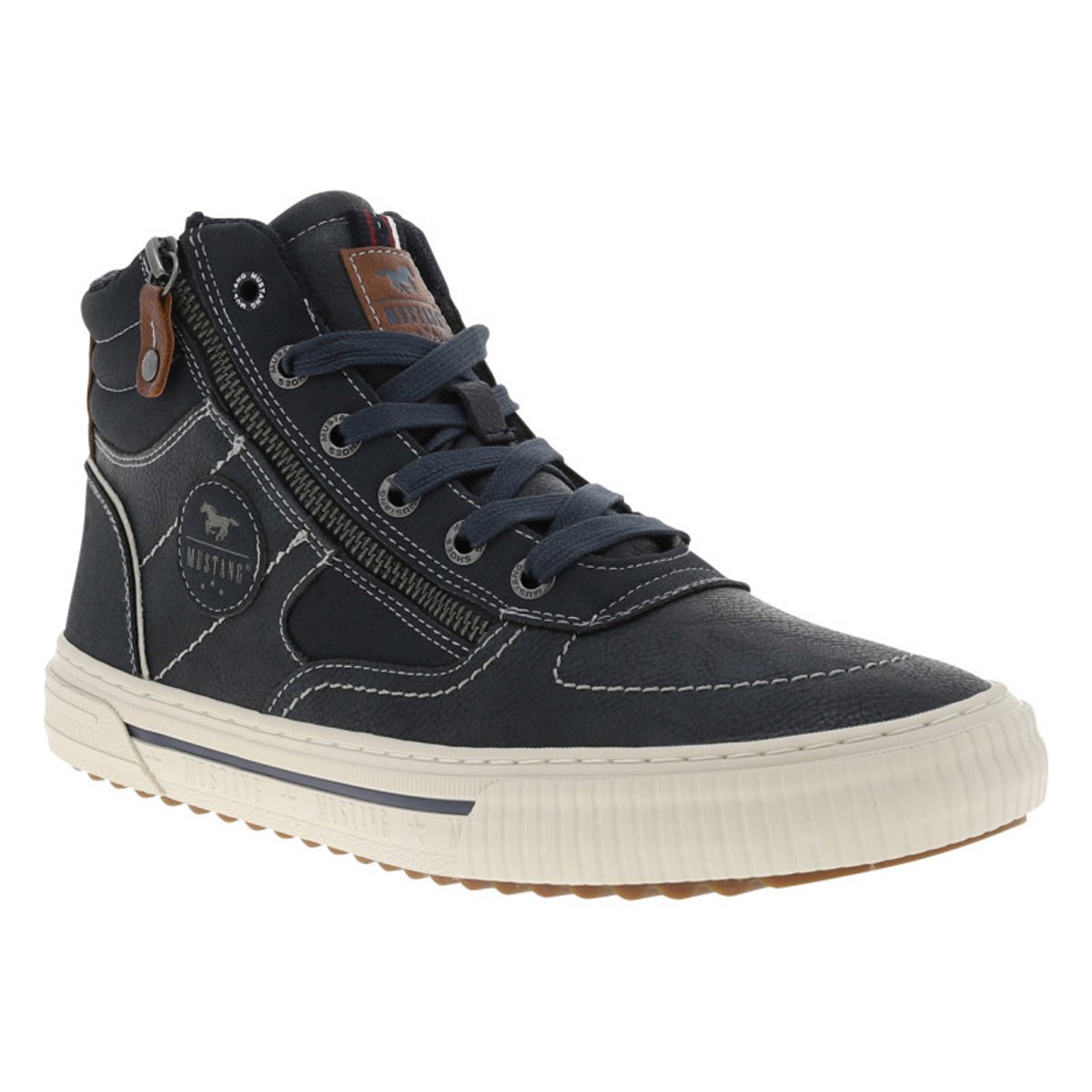 Sneakers bleu marine à talon plat avec des lacets et un zip latéral bleu marine, MUSTANG