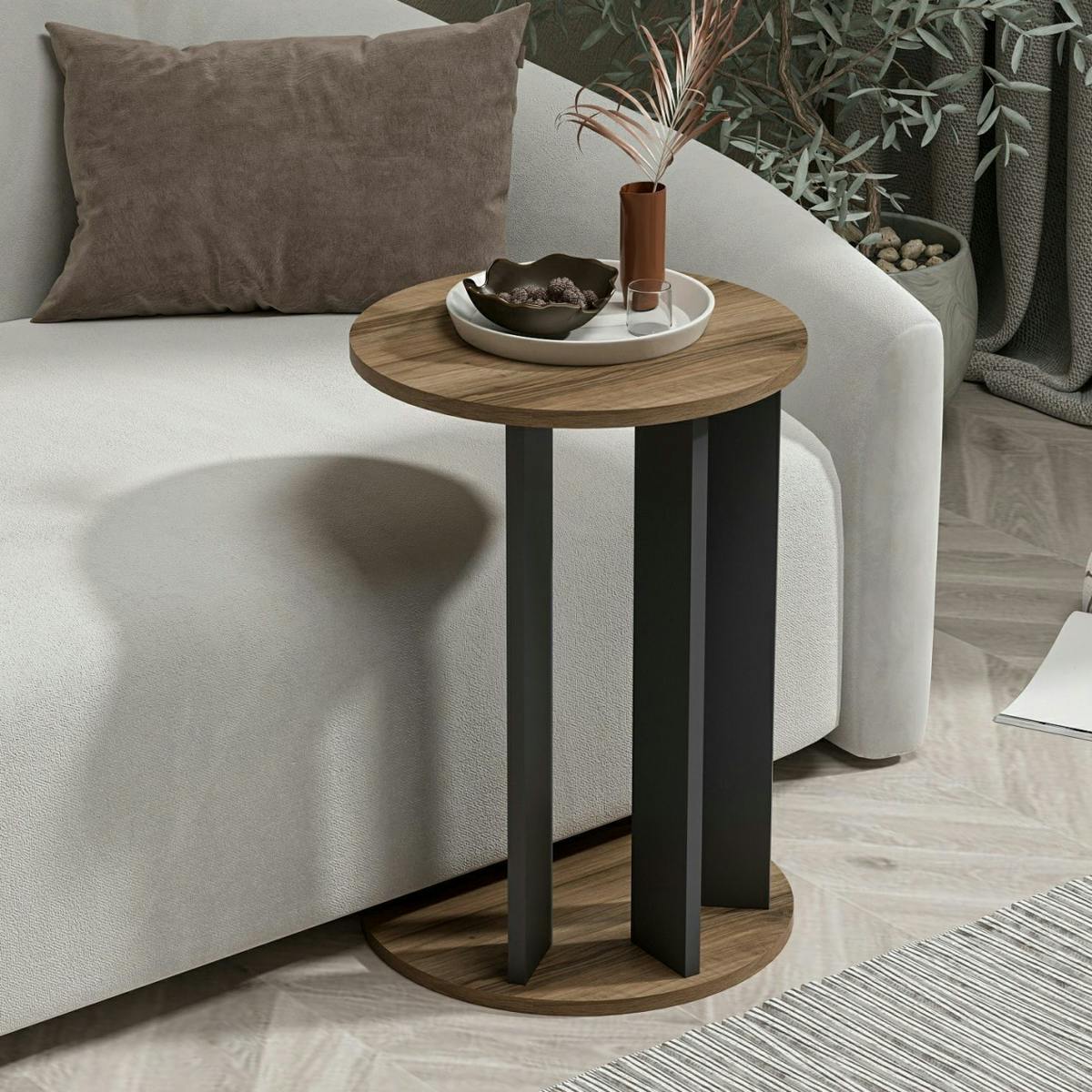Bout de canapé rond décor bois foncé pied métal MARFA marron, PIER IMPORT