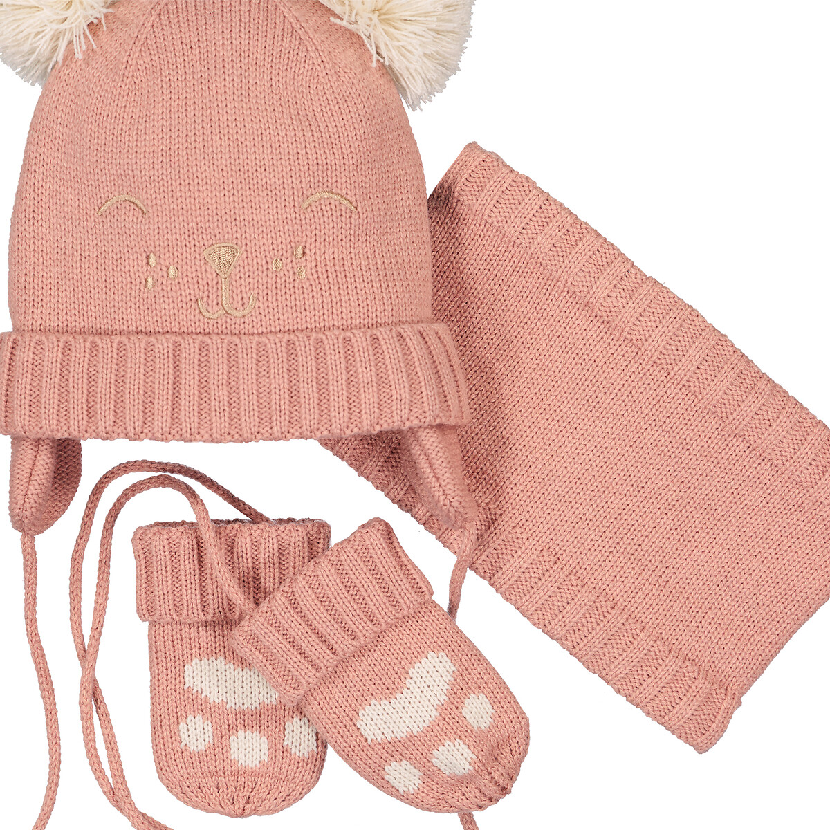 Ensemble bonnet + snood + moufles rose pale, LA REDOUTE COLLECTIONS