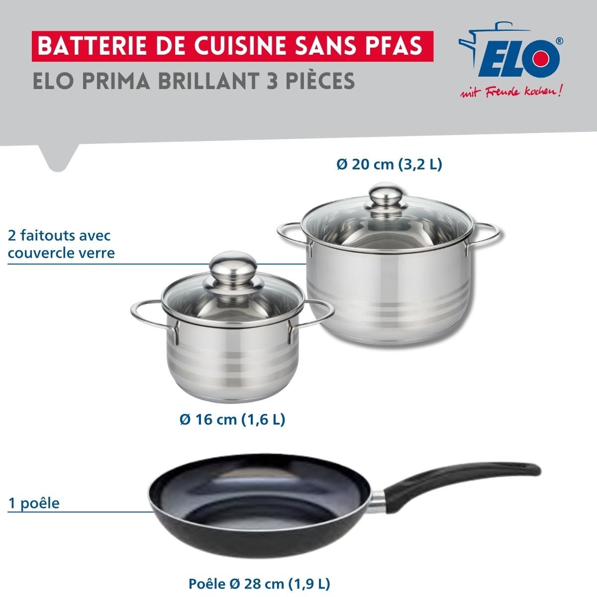 Batterie 1 poêle 28cm + 2 faitouts 16/20cm PRIMA BRILLANT noir, ELO