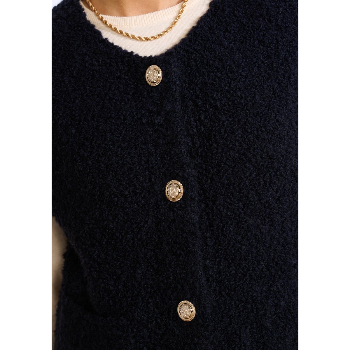 Gilet sans manches bouclé bleu marine, LOLALIZA