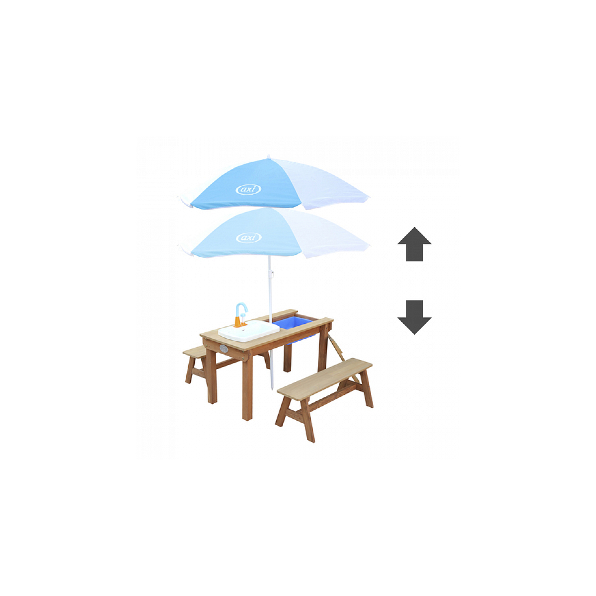 AXI Dennis Table sable et eau Picnic avec cuisine evier et banc Marron Parasol Bleu Blanc couleur unique, AXI HOUSE