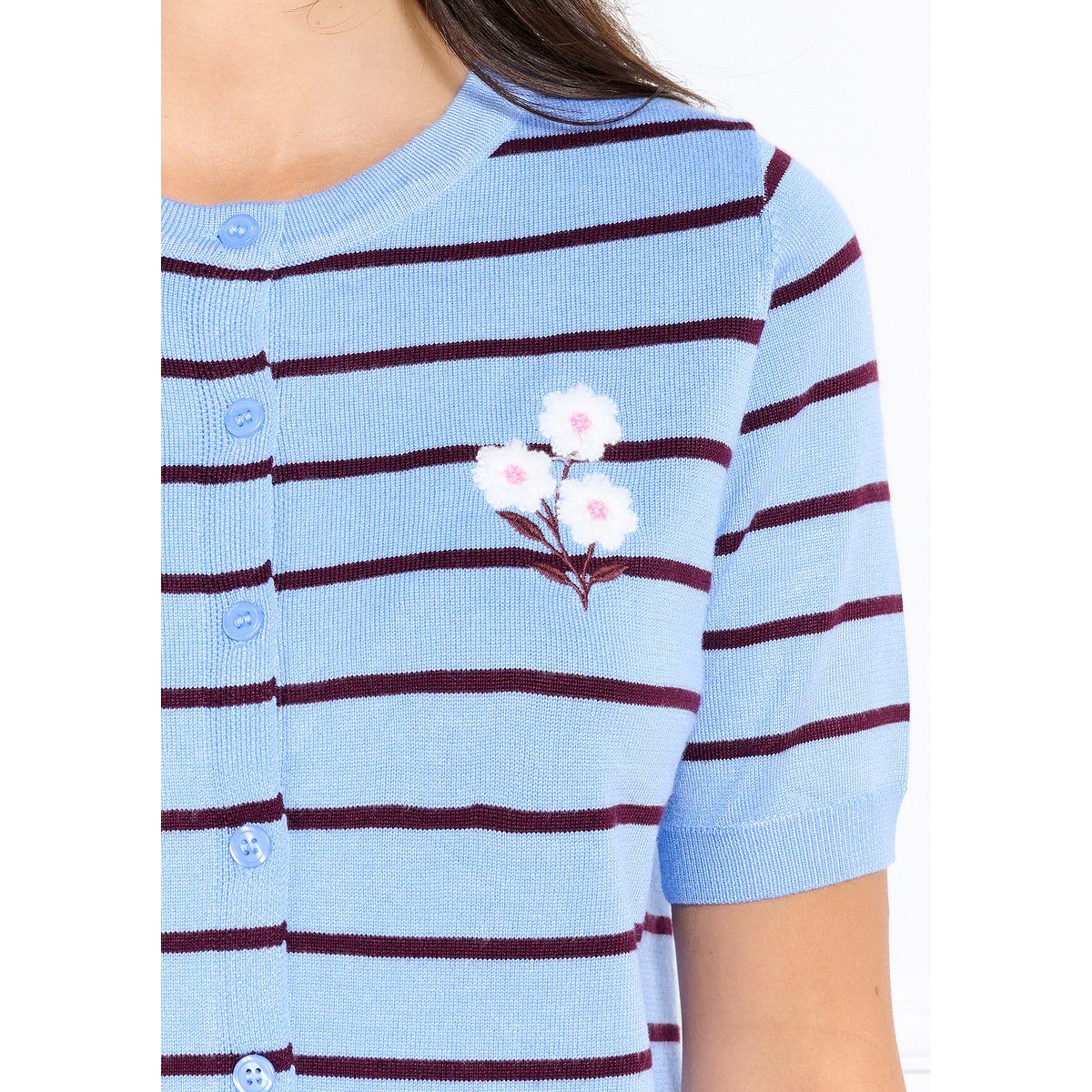Cardigan rayé brodé bleu clair, LOLALIZA