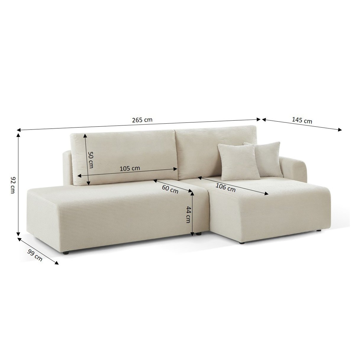 Canapé d'angle droit convertible DANILO beige, BAÏTA
