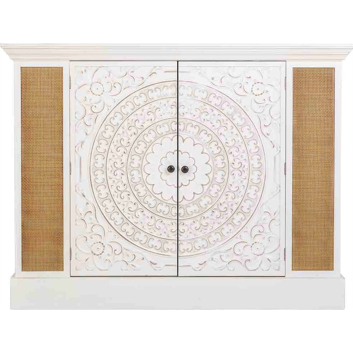 Buffet en bois patiné rectangulaire avec portes sculptées blanc patiné et cannage naturel, RECOLLECTION