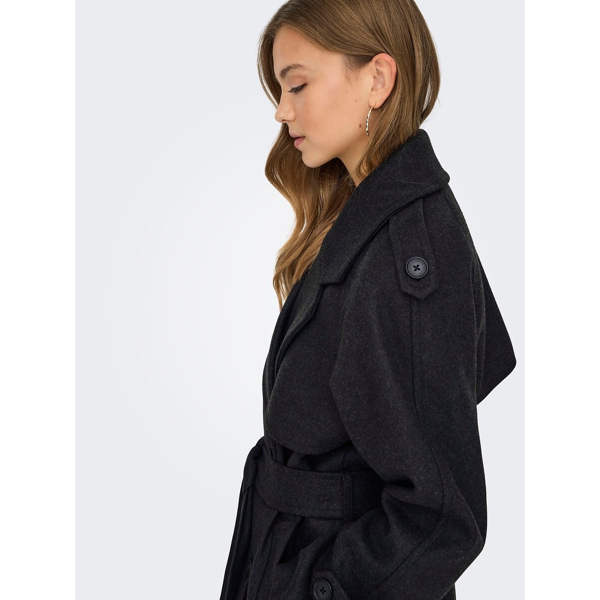Manteau long ceinturé gris foncé, ONLY