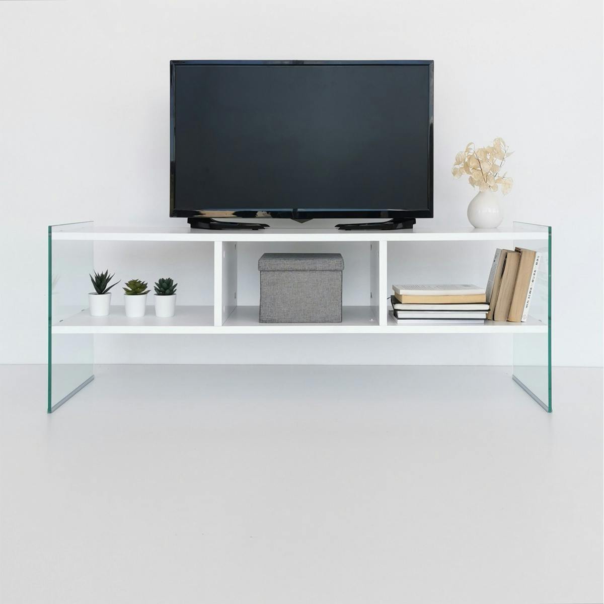 Meuble TV design 2 niveaux pieds verre SALTA blanc, PIER IMPORT