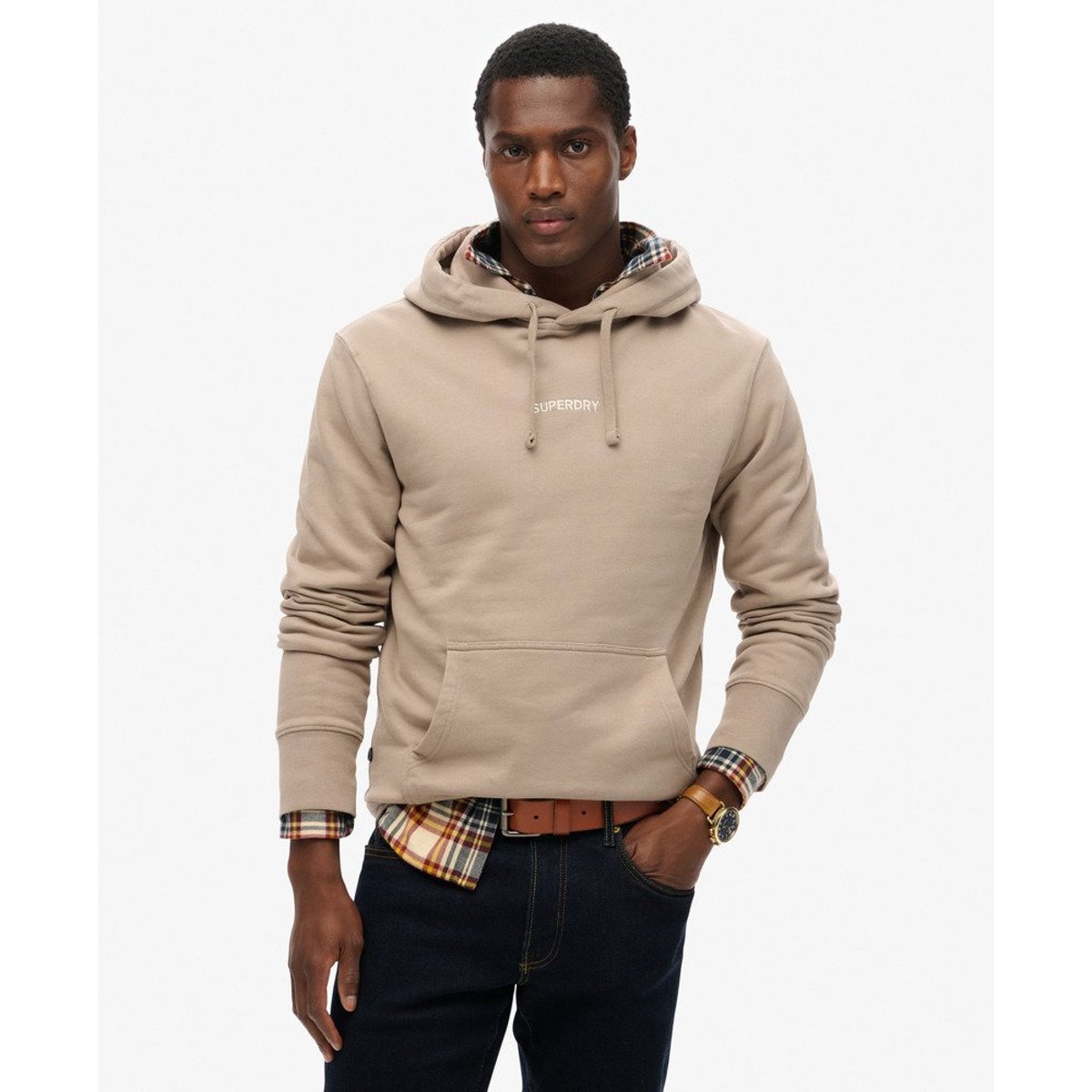 Sweat à capuche ample à motif et micro logo beige foncé flammé, SUPERDRY