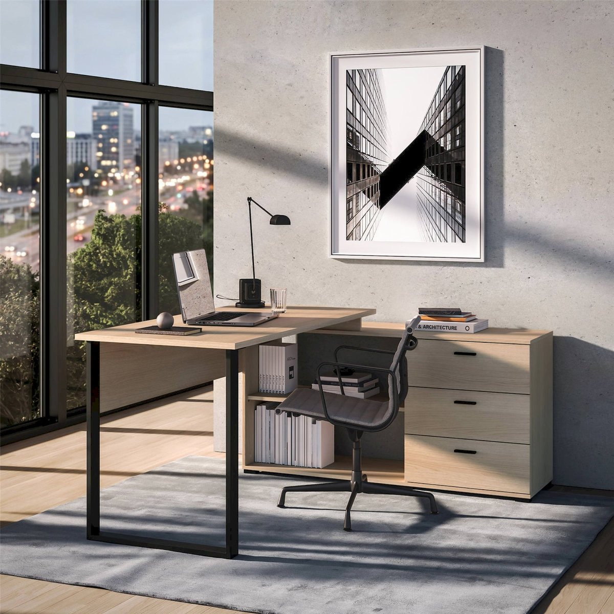 Bureau d'angle avec caisson 3 tiroirs ODELIS chêne lindberg et noir, RECOLLECTION