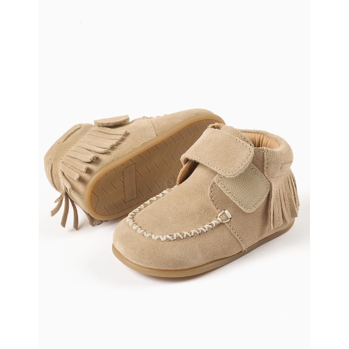 Bottines Barefoot en daim à franges et à scratch beige, ZIPPY