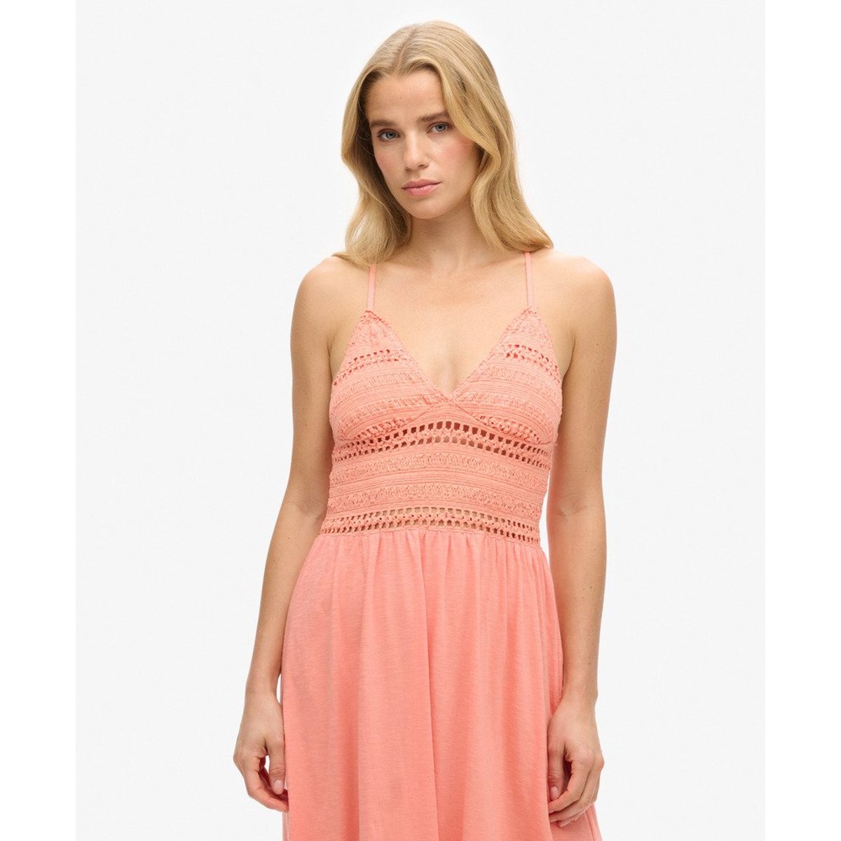 Robe longue en jersey et dentelle corail fusion, SUPERDRY