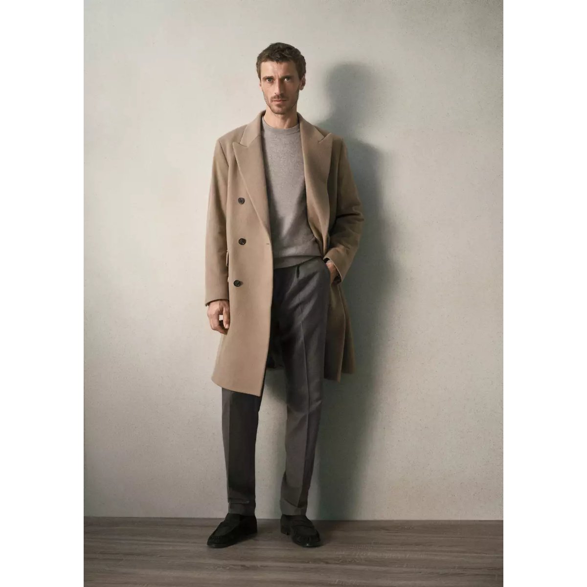 Manteau en mélange de laine vierge avec revers gris clair/pastel, MANGO MAN