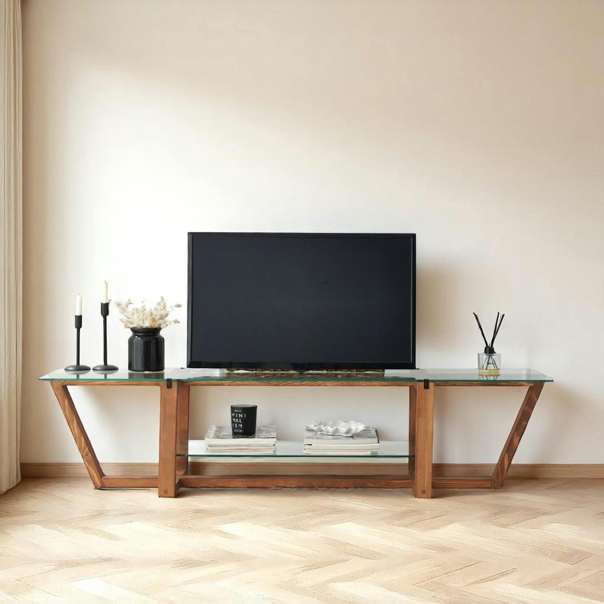Meuble TV verre trempé bois foncé - 158 cm 2 niveaux LHASA bois naturel, PIER IMPORT