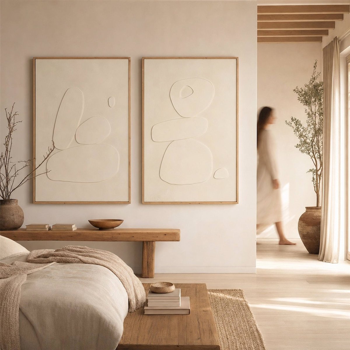 Décoration murale en relief, Lot de 2 blanc et bois naturel, RECOLLECTION
