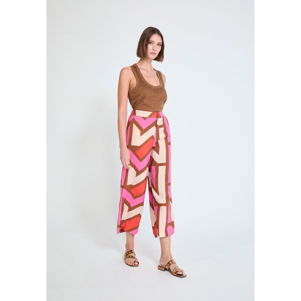 Pantalon large fluide à imprimé géométrique et taille élastiquée rose, LOLA CASADEMUNT