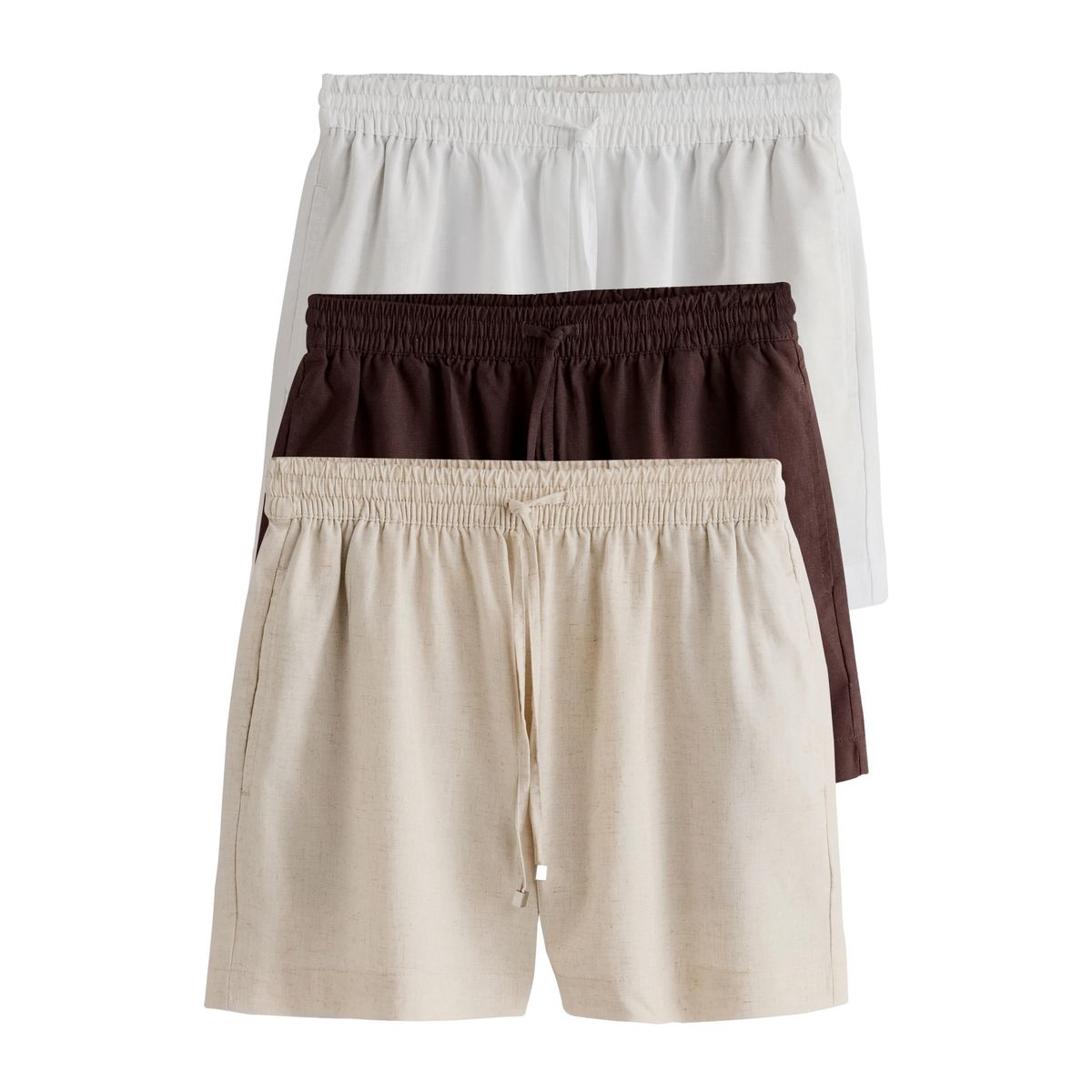 Short à enfiler en mélange de lin, lot 3 chocolat/neutre/blanc, NEXT