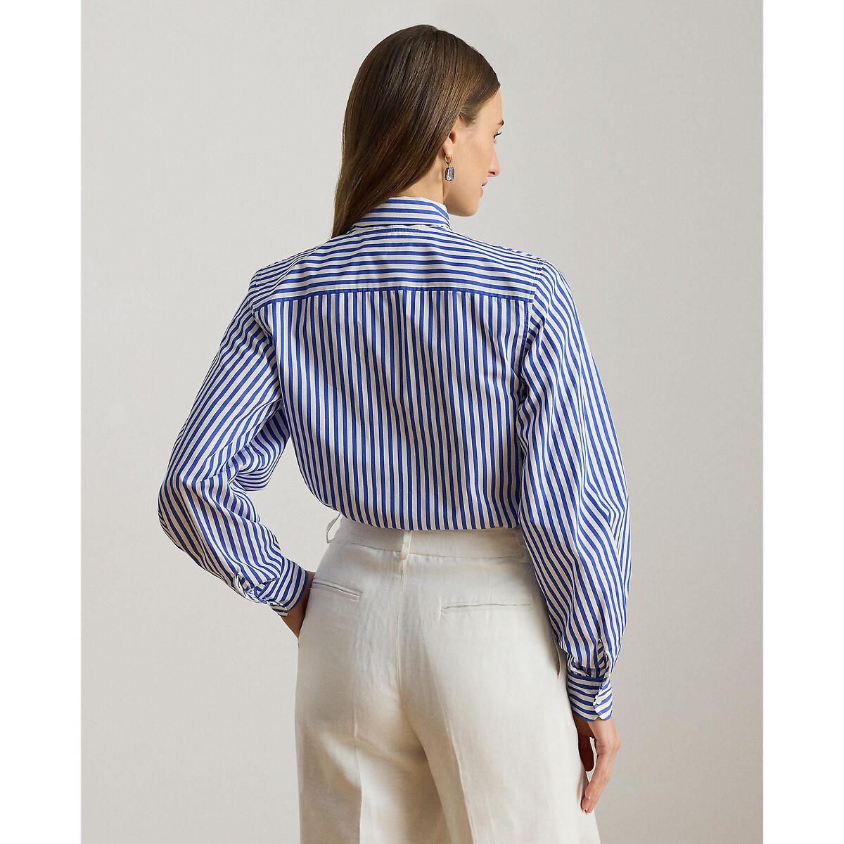 Chemise rayée manches longues col à nouer rayé bleu/blanc, LAUREN RALPH LAUREN