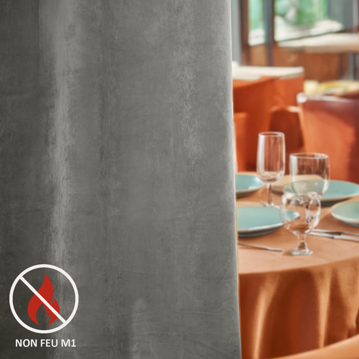 Rideau Ignifugé M1 en velours premium - QABANE gris, HOME MAISON