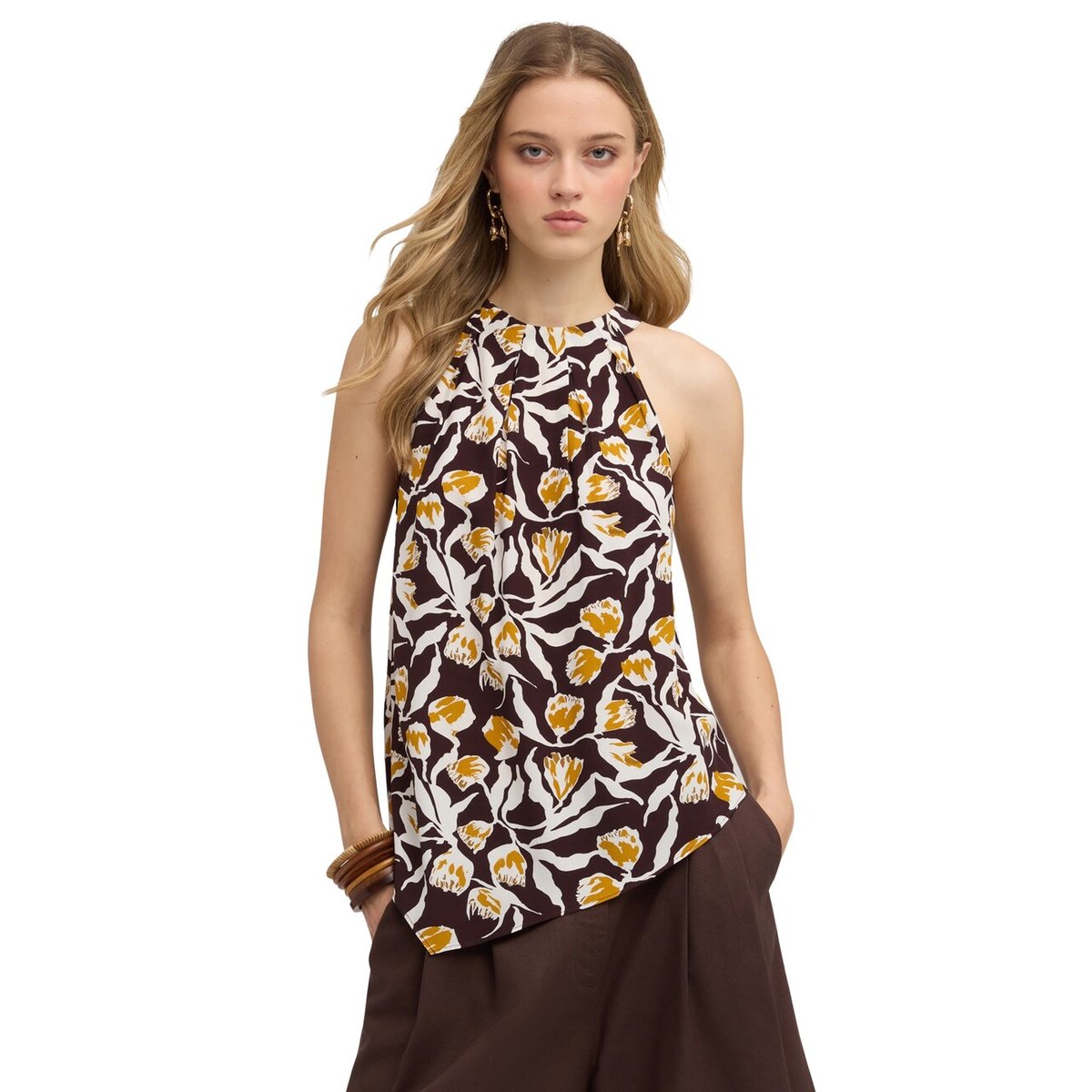 Top avec imprimé et drapé marron, MOTIVI