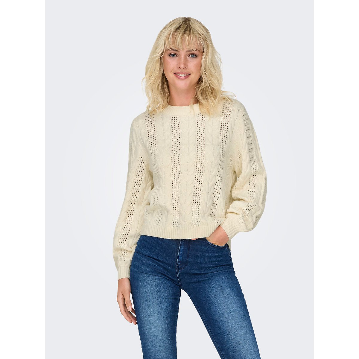 Pull torsadé, col rond blanc cassé, ONLY