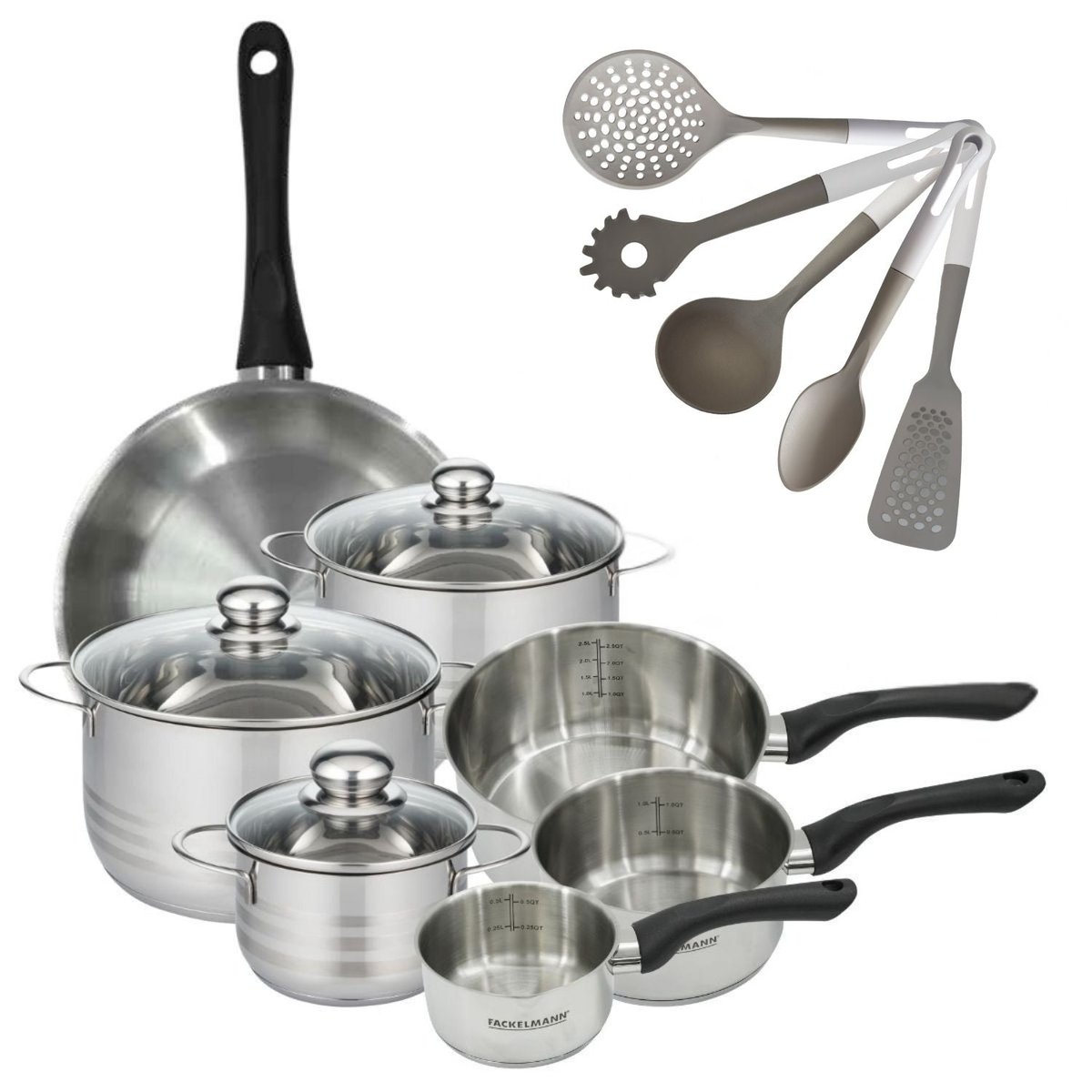 3 faitouts 16/20/24cm + 3 casseroles 12/16/20cm BRILLANT inox|noir, FACKELMANN