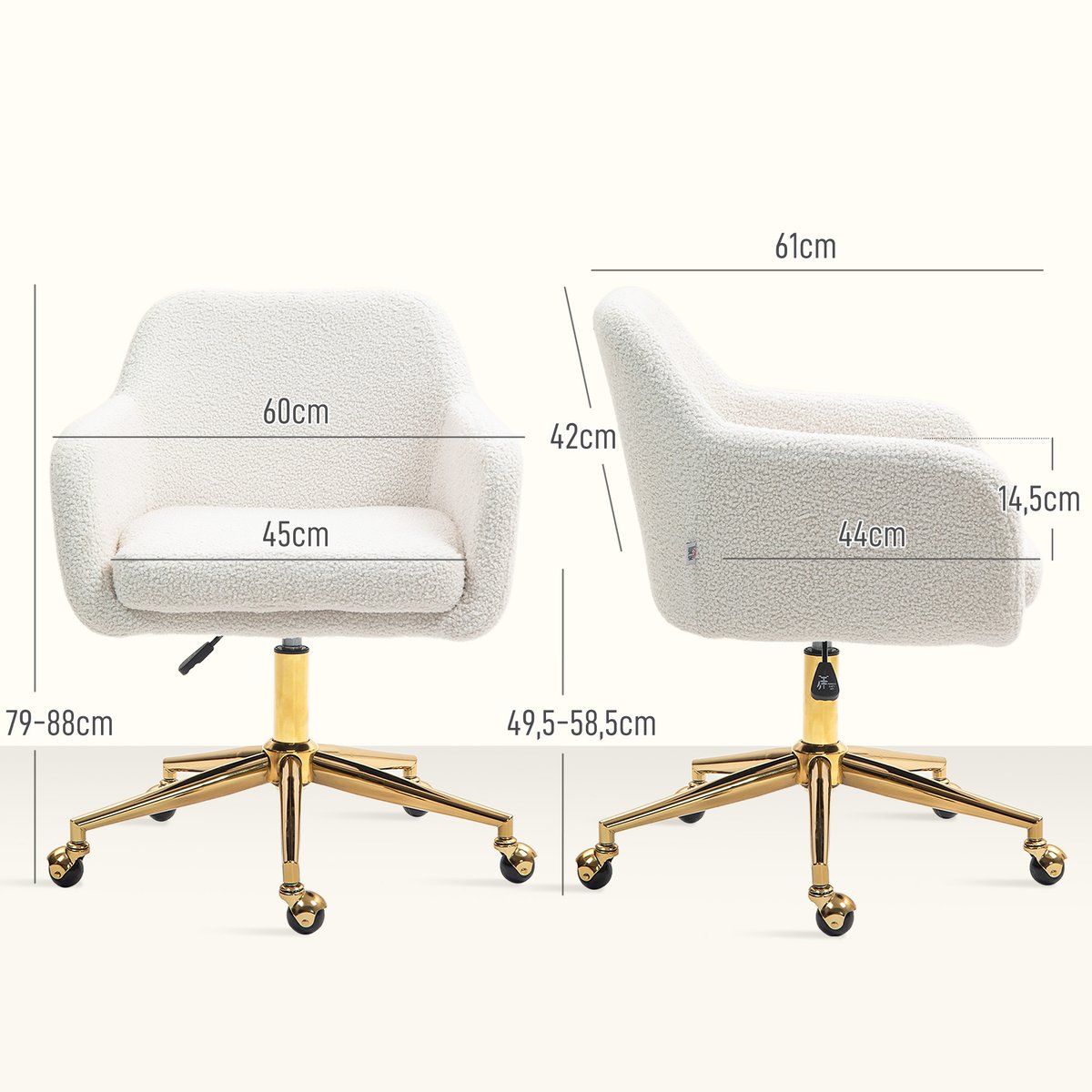 Chaise de bureau Polyester Blanc crème, doré, HOMCOM
