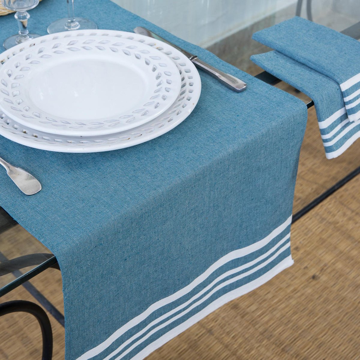 Chemin de table coton MAHDIA bleu pétrole, FEBRONIE