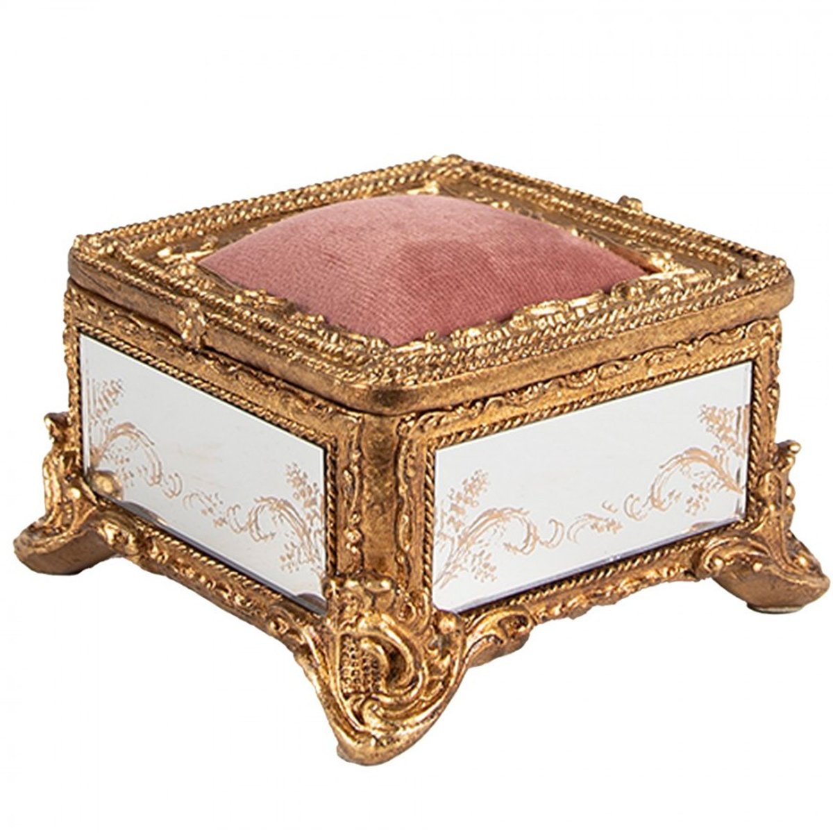 Boîte à bijoux polyrésine dorée et miroirs avec coussin velours rose 12x12x7cm doré, WADIGA