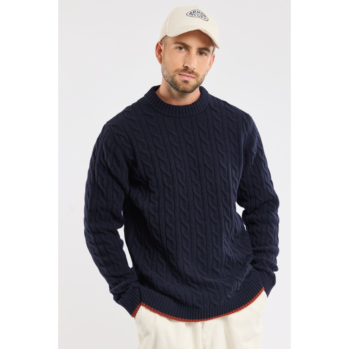 Pull torsadé en laine BERAC marine deep/paprika, GUY DE BERAC