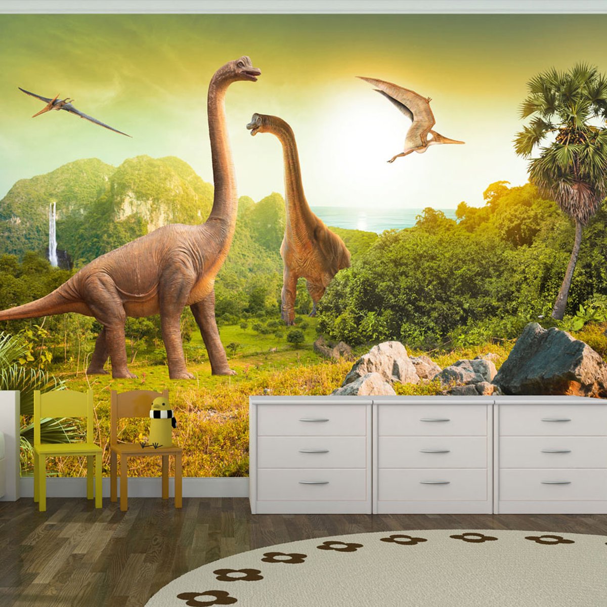 Papier peint intissé panoramique Pour enfants Dinosaurs beige, EDEN