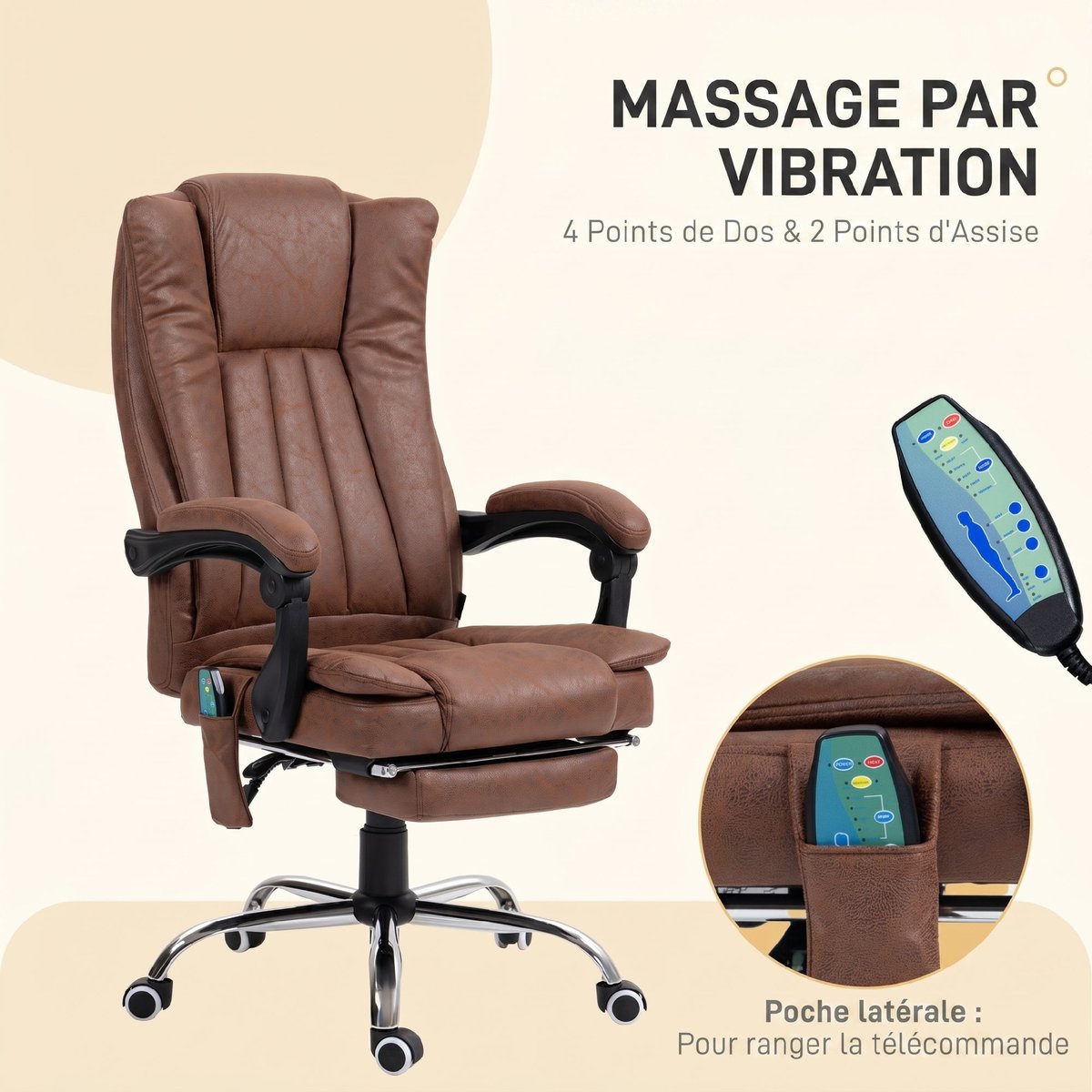 Fauteuil de bureau avec fonction massage marron, HOMCOM