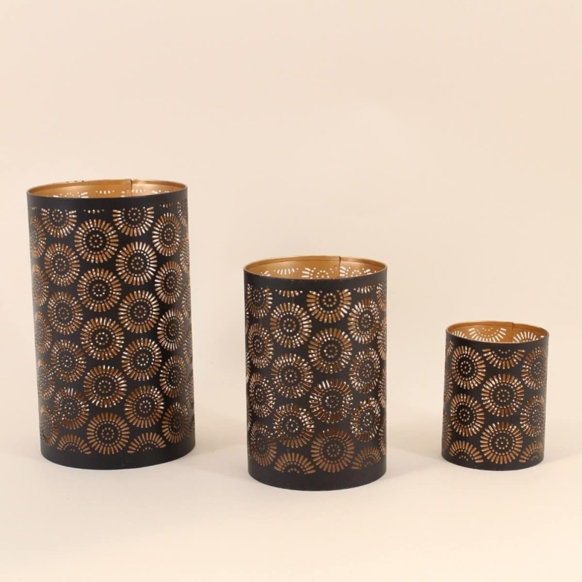 Set de 3 lanternes découpe ajourée fleurs noir & or noir, ORNAMI