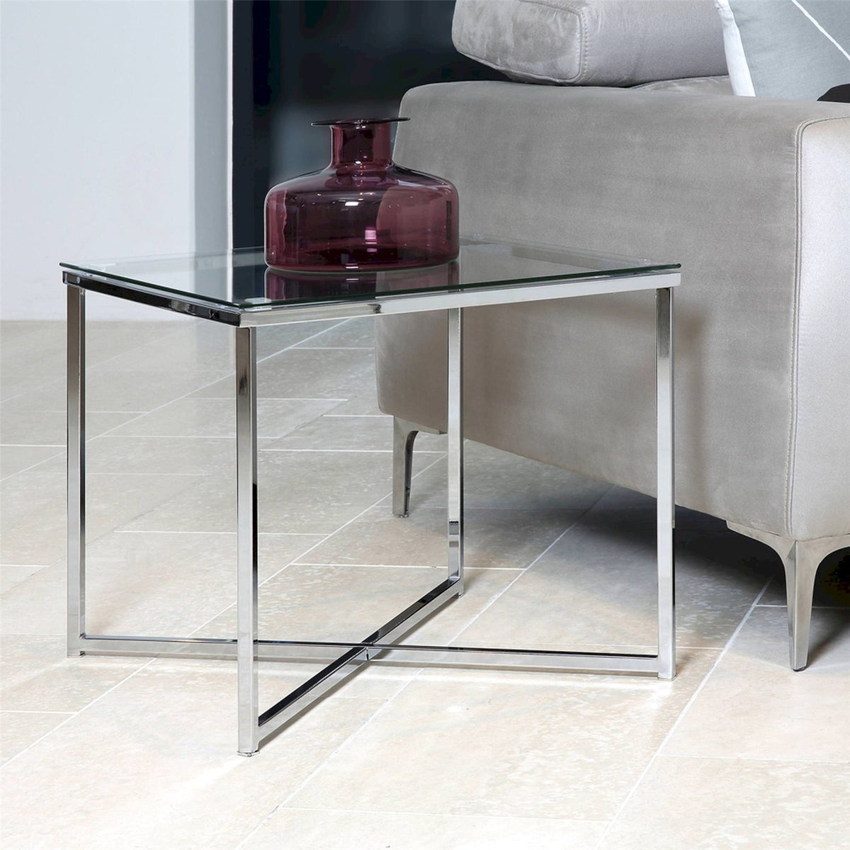 Table basse carrée en verre collection UDBINA transparent et argenté, RECOLLECTION