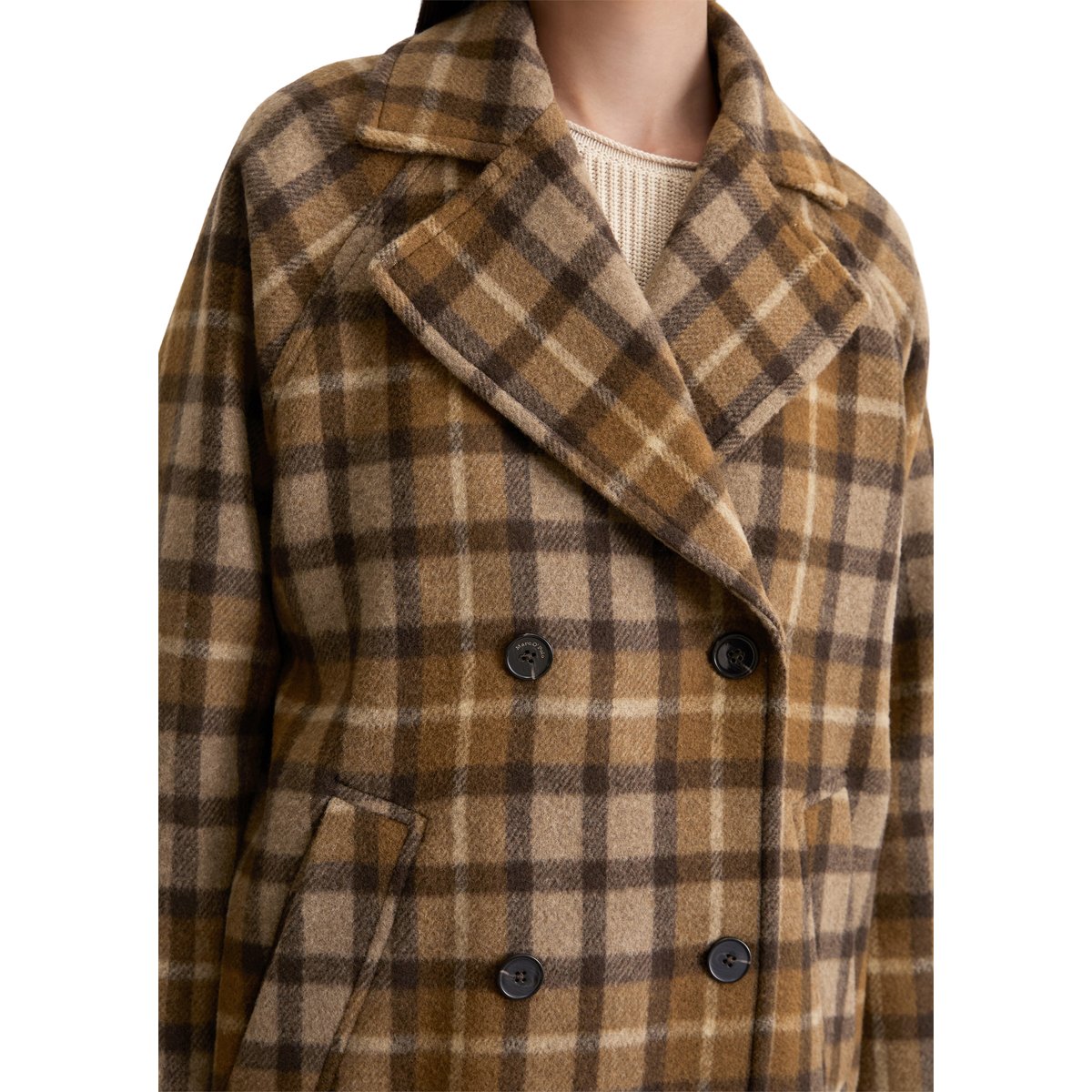 Manteau à carreaux relaxed en mélange de laine italienne beige, MARC O'POLO