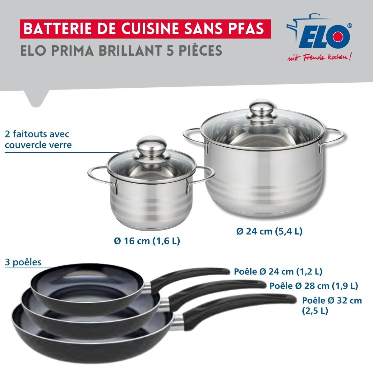 Batterie 3 poêles 24/28/32cm + 2 faitouts 16/24cm PRIMA BRILLANT noir, ELO