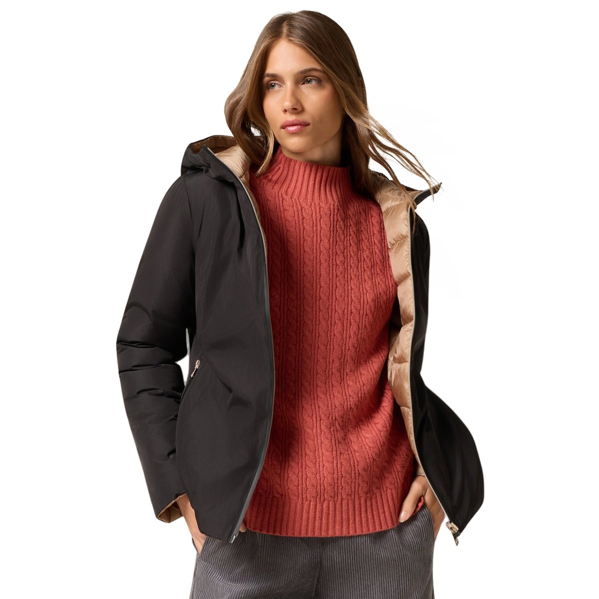 Veste matelassée légère courte à capuche noir, OLTRE