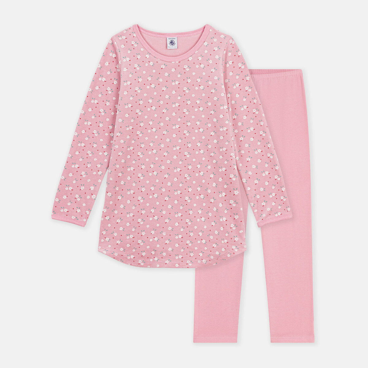 Chemise de nuit imprimé fleurs et legging uni en velours imprimé fond rose, PETIT BATEAU