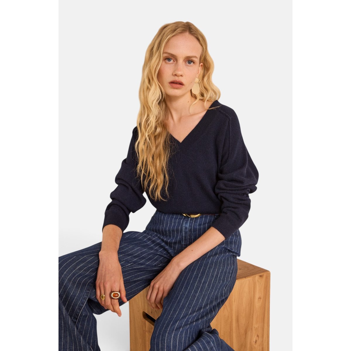 Pull col V en 100% cachemire 2 fils BARY marine, Maison 123