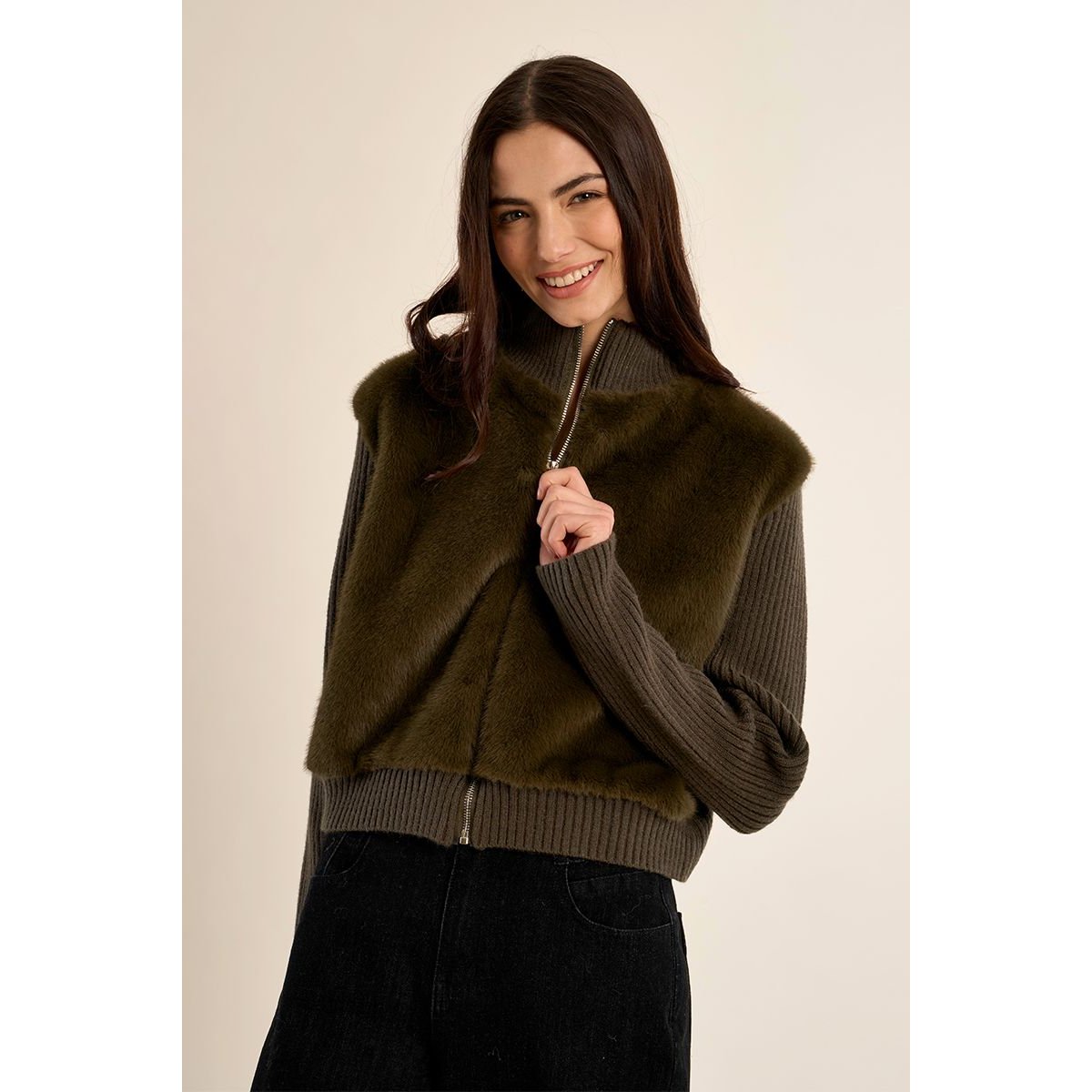 Veste à zip, bi-matière khaki, MOLLY BRACKEN