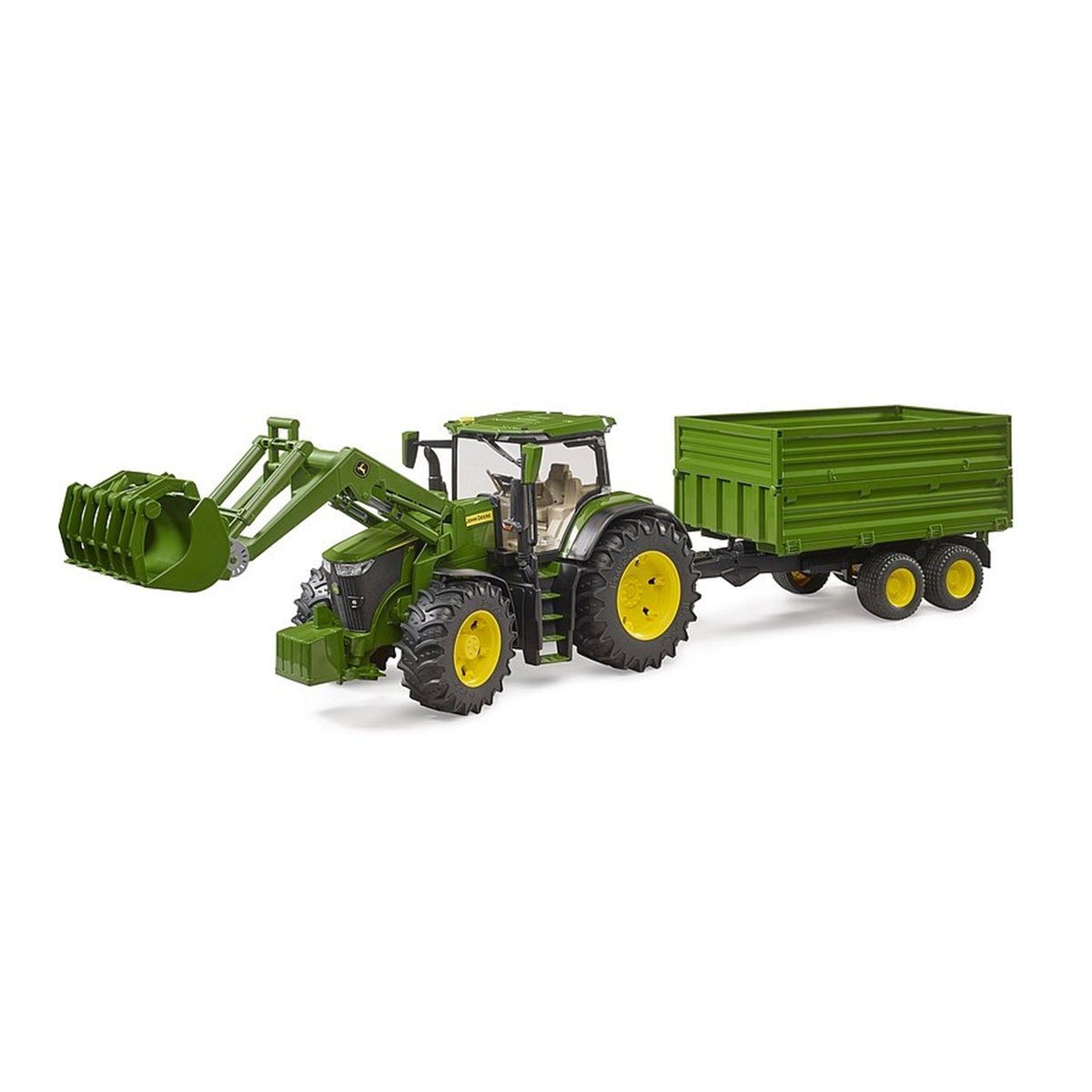 John Deere 7R avec chargeur avant et remorque avec attelage tandem vert, BRUDER