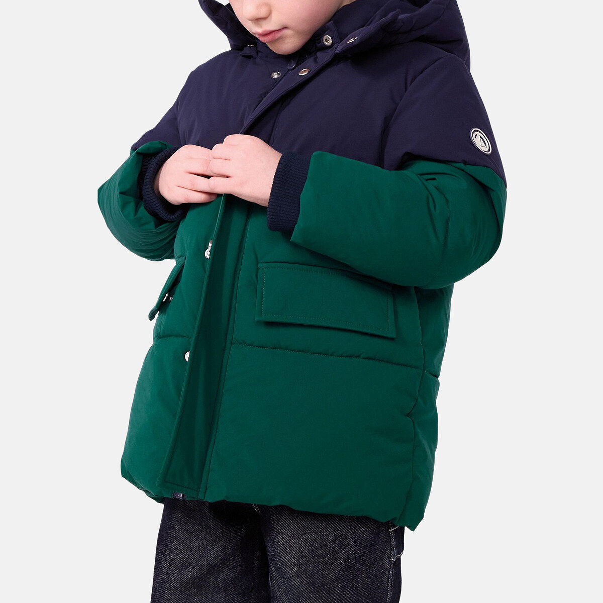 Piumino per bambini a tinta unita con effetto color block blu marine/verde, PETIT BATEAU