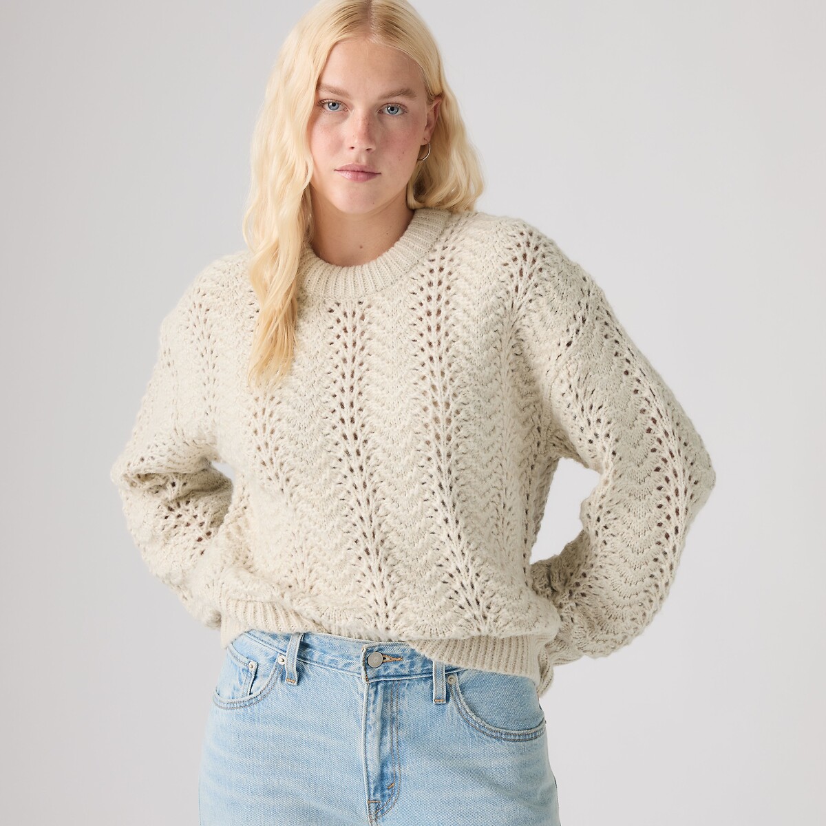 Pull maille pointelle col rond ecru/doré, LEVI'S