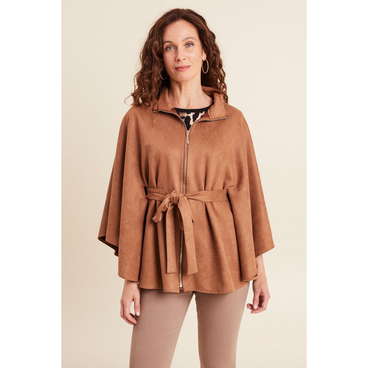 Poncho ceinturé fermeture zippée marron clair, BREAL