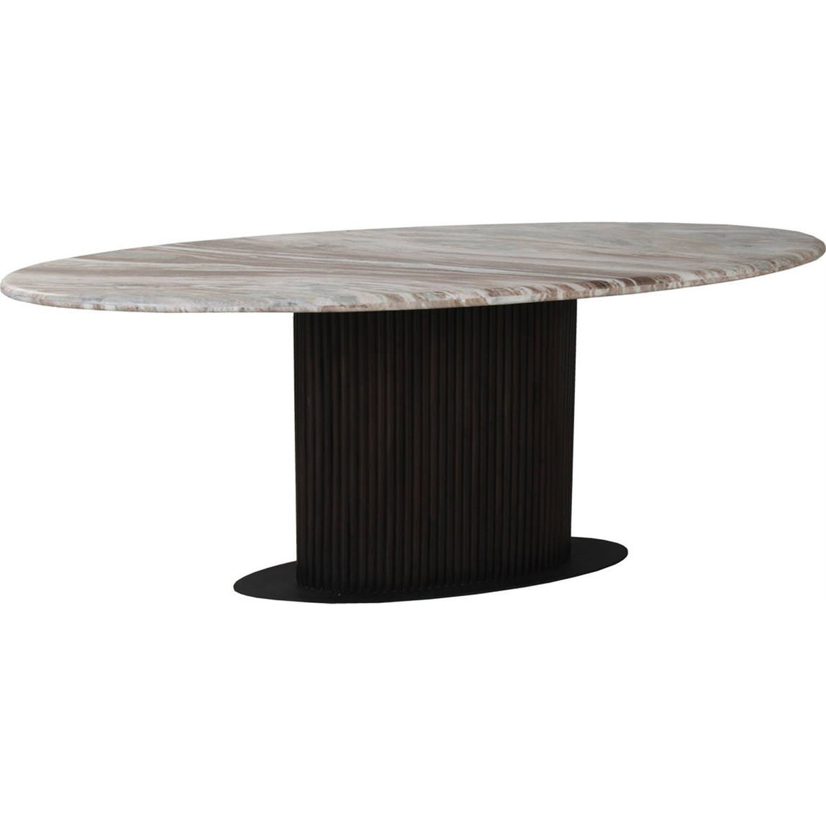 Table à manger ovale en marbre piètement cannelé beige blush et bois foncé, RECOLLECTION