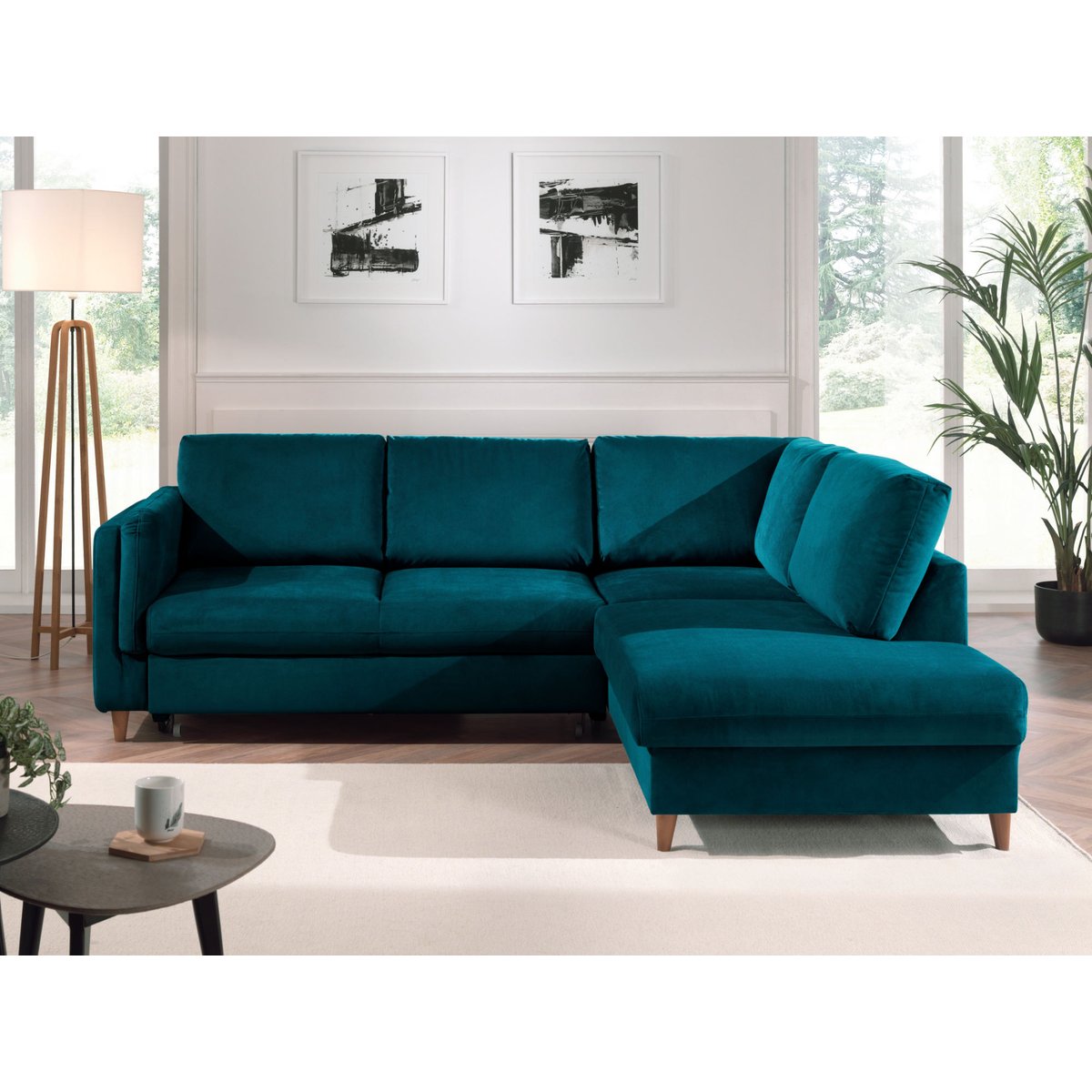Canapé d'Angle Convertible 5 places - BROOKE bleu canard, BEST MOBILIER