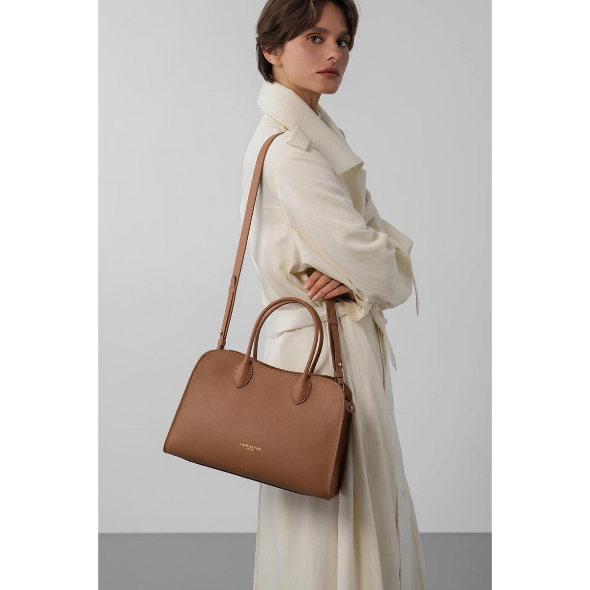 Sac à main zippé M en cuir, DONNA HOPPER moka, LANCASTER
